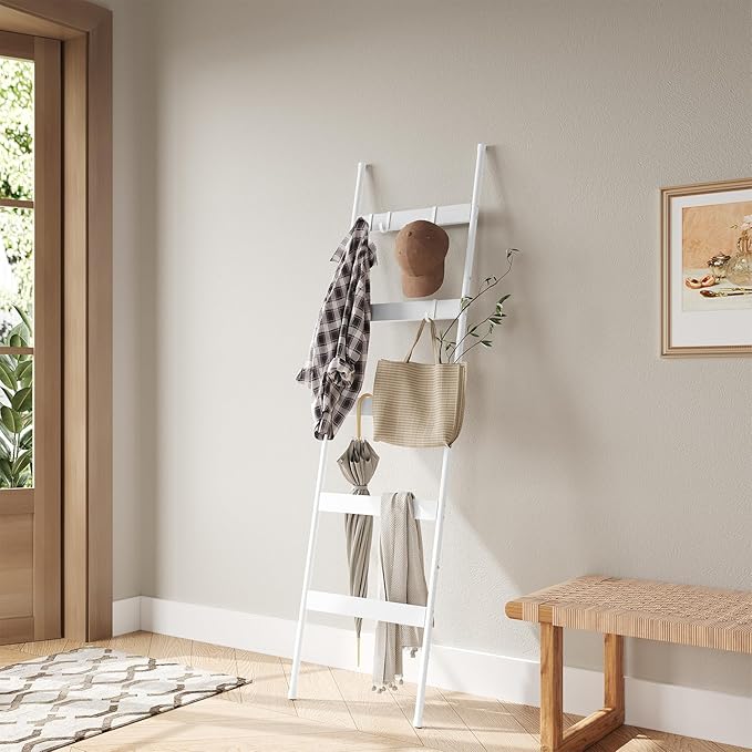 ELYKEN Blanket Ladder for Living Room, Farmhouse 5-Tier Quilt Holder with 4 Removable Hooks for Bathroom, Wood Towel Rack Display, Wall Anchor Leaning Decorative Stand for Home, White