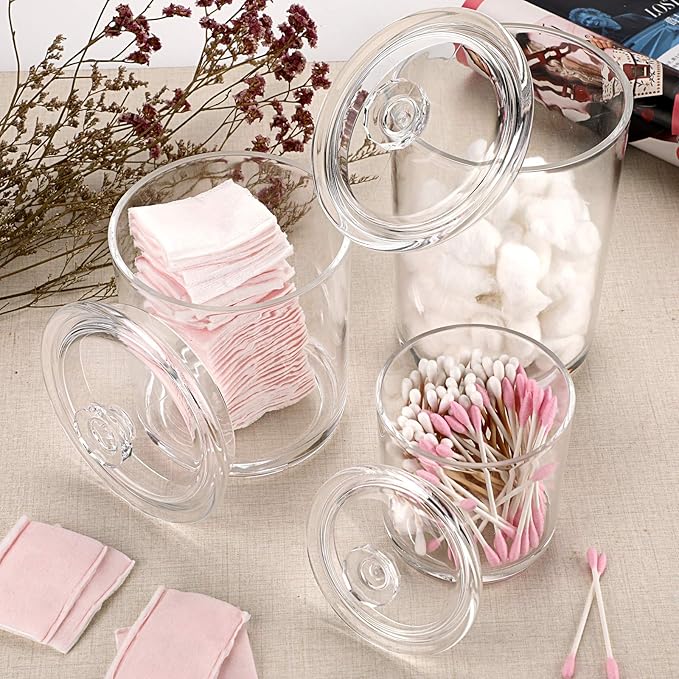 Hipiwe Clear Plastic Apothecary Jars with Lid, Large Size Bathroom Storage Canister Jar Cotton Ball and Swab Organizer Q-Tips Holder, 60-Ounce, 30-Ounce and 15-Ounce, Set of 3