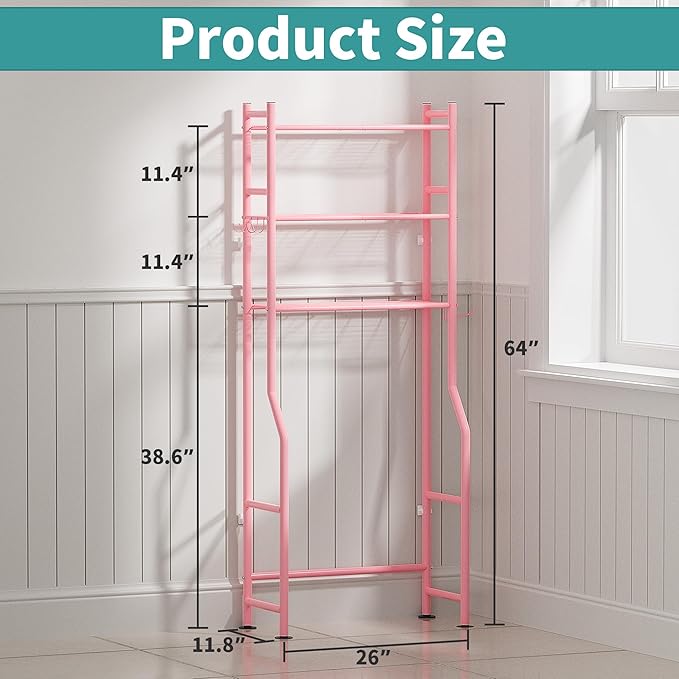 3-Tier Over The Toilet Storage with Paper Holder, Metal Bathroom Organizers and Storage for Small Space, Freestanding Bathroom Shelves with 4 Hooks, Above The Toilet Storage Shelf (Pink)