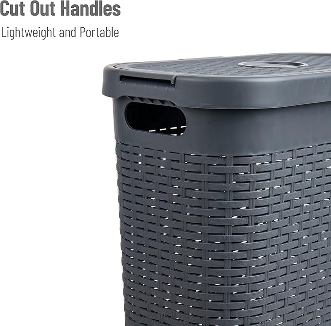 Mind Reader Slim Laundry Hamper with Lid, 40L Clothes Basket, Premium Wicker Design, Plastic, Gray