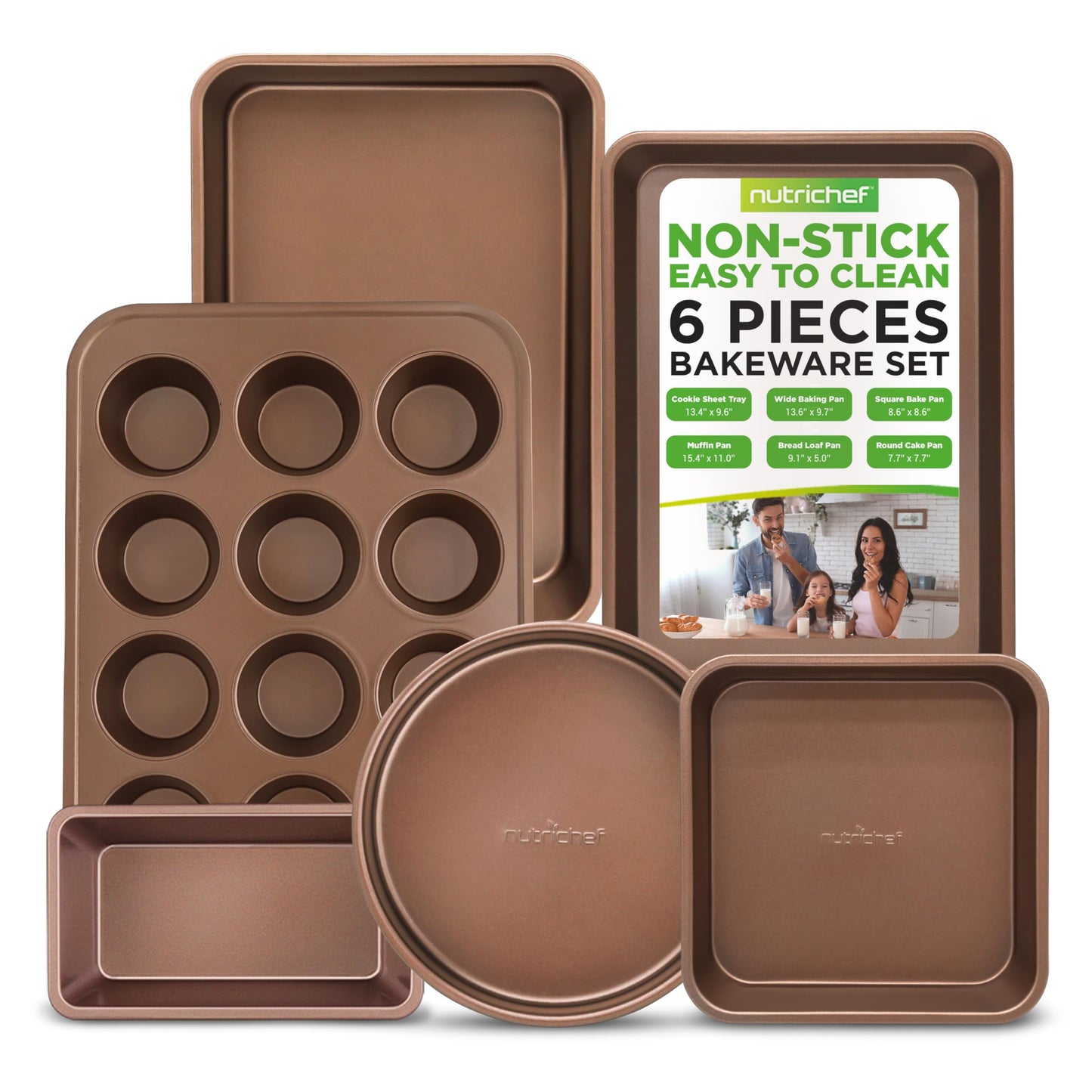 NutriChef 6-Piece Nonstick Baking Pans - Carbon Steel Non toxic Bakeware set with Cookie Sheets, Muffin, Loaf, Round & Square Pan - Restaurant Quality Baking Tray, Easy Clean, Dishwasher & Oven Safe