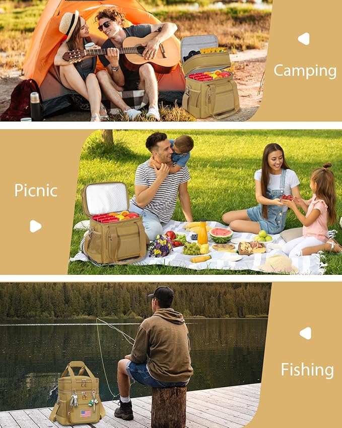 GLENKEY Double Deck Insulated Lunch Box, Expandable Large Lunch Bag Leakproof Cooler Bag Lunch Pail for Men Women Adults Work Shifts Travel Daytrip, Brown