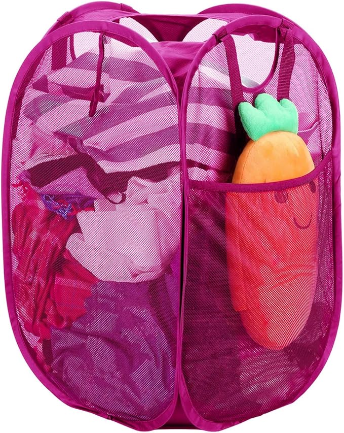 Strong Mesh Pop-up Laundry Hamper, Quality Laundry Basket with Durable Handles Solid Bottom High Carbon Steel Frame, Easy to Open and Fold Flat for Storage (Pink)