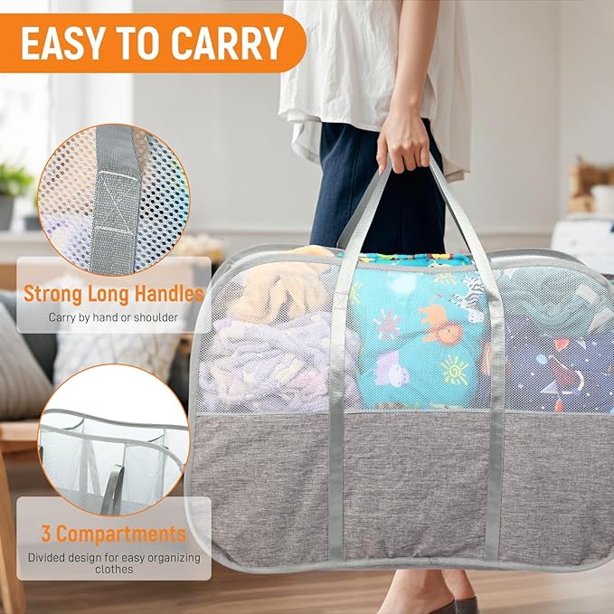 Collapsible Laundry Baskets with 3 Compartment, 150L Tear-proof Pop Up Hamper, Foldable Laundry Basket with Tote Handles, Dirty Clothes Hamper for Laundry, Bedroom, Bathroom, Dorm Grey