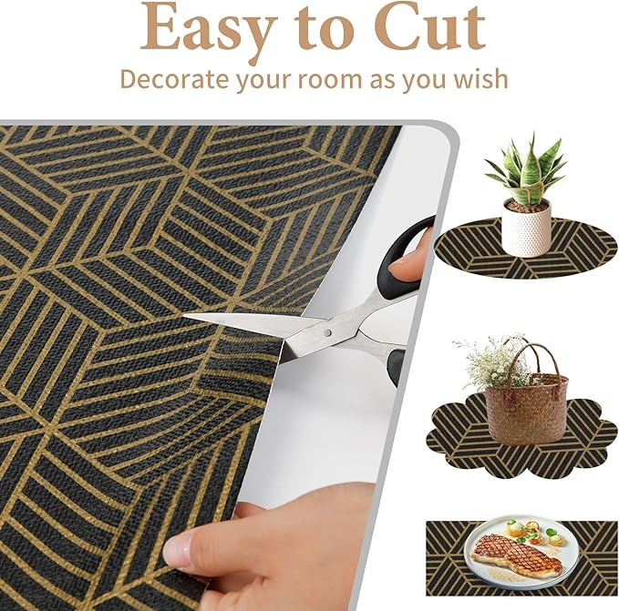 Shelf Liners for Kitchen Cabinets 12in x 20FT, Non Adhesive Cabinet Liner Strong Non-Slip Black Gold Geometric Drawer Liner, Easy to Clean for Shelf, Cabinet with Knife and Tape Measure
