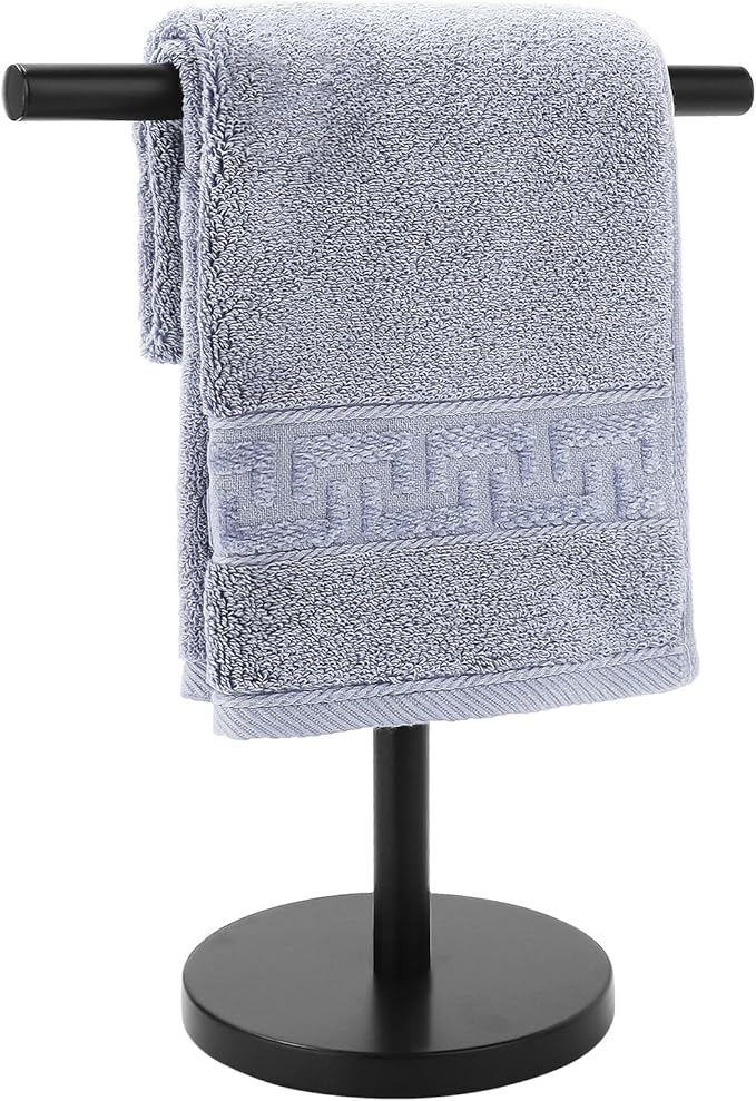 T-Shape Bath Hand Towel Holder Stand, Stainless Steel Free Standing Hand Towel Rack with Heavy Base, for Bathroom Kitchen & Countertop, Matte Black