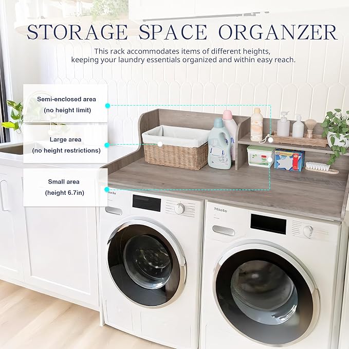 DTK Washer Dryer Wood Countertop with Shelf, Laundry Topper with Non-Slip Mat,27.55" Depth x 54" Width Dryer Covers for The Top with Edge Rails (Rural)