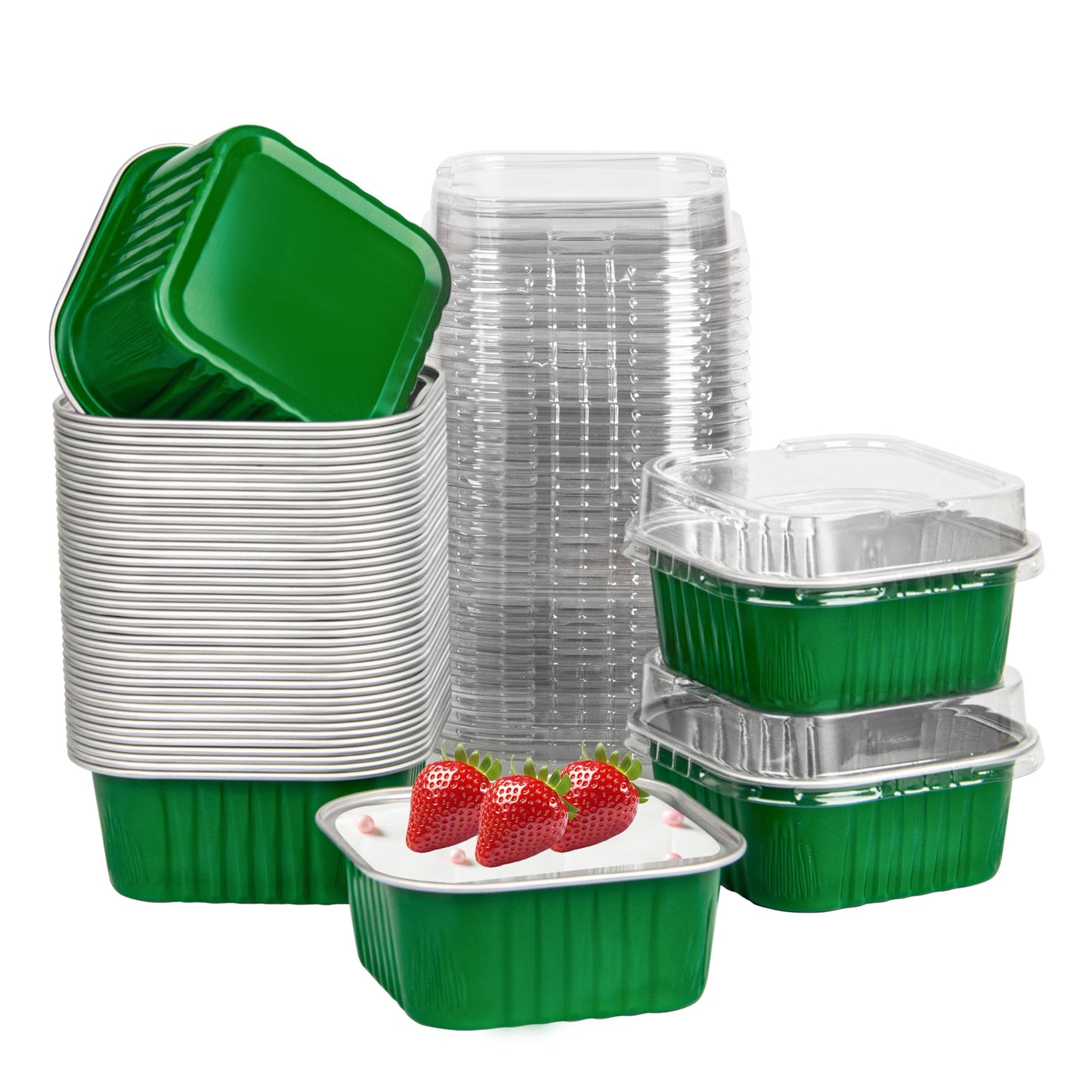 50 Pcs Mini Square Baking Cups with Lids,5oz Aluminum Foil Mini Cake Pans with Lids,Disposable Ramekins Cake Pans,150ml Dessert Cups Cupcake Pans for Wedding Birthday Party,Cowprint