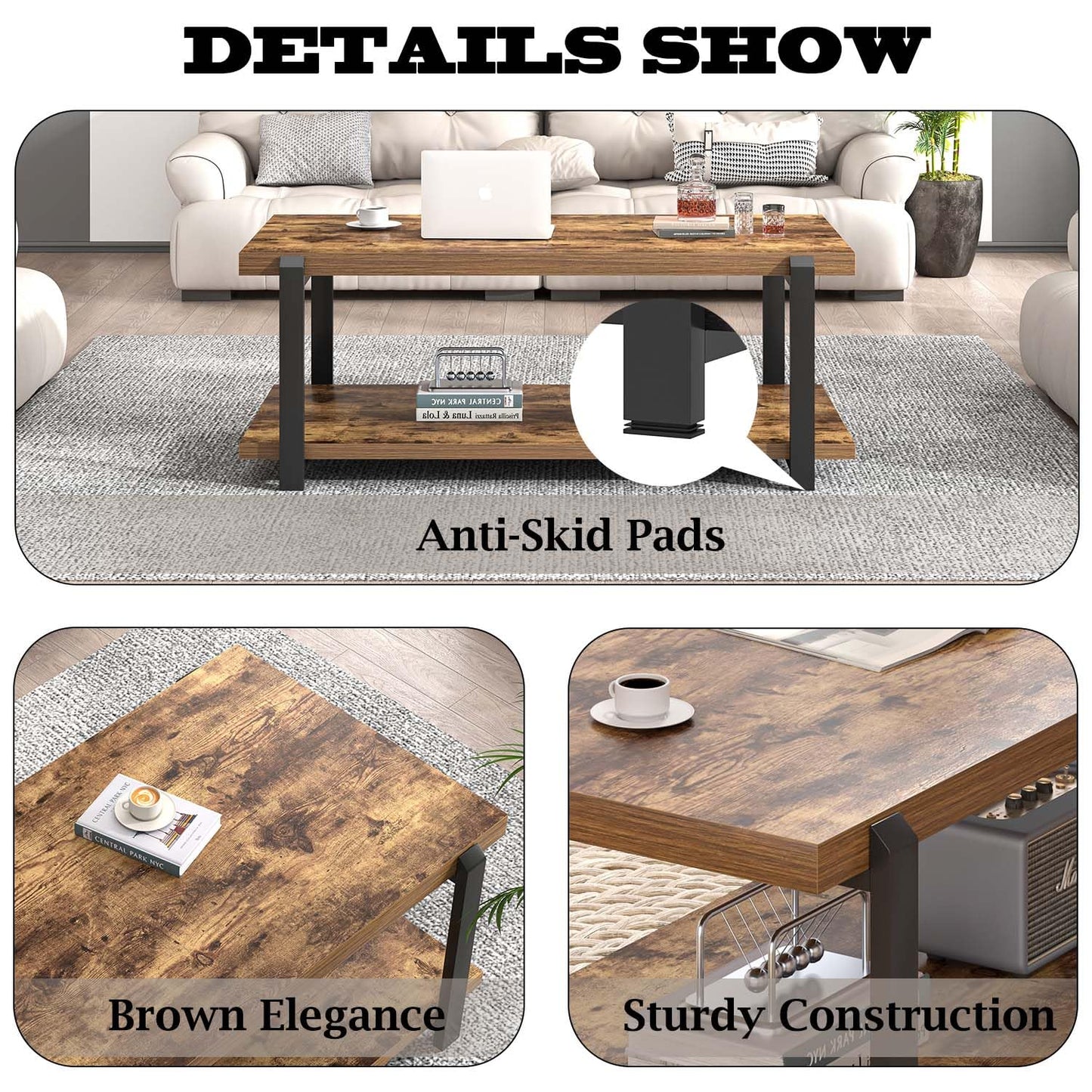 FOLUBAN Modern Coffee Table, Rustic Wood Center Table with Storage for Living Room, Industrial Rectangle 2 Tier Low Cocktail Tea Table, Rustic Brown