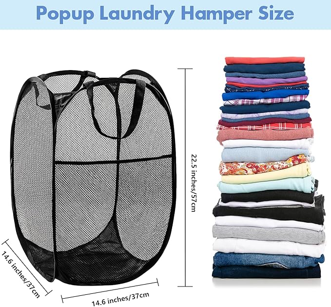 DUCOO Pop Up Hamper, 2 PCS Mesh Pop Up Laundry Hamper, Foldable Mesh Laundry Basket with Space-Saving Design for Home, Dorm, Travel & Storage - Black