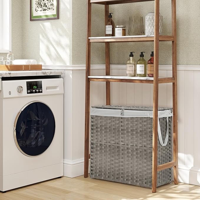 DUMOS Wicker Laundry Basket with Lid, 29.6 Gallon (112L) Woven Laundry Hamper with Handles, Foldable Rattan Clothes Hamper with Removable Liner & Sturdy Steel Frame, Dove Gray