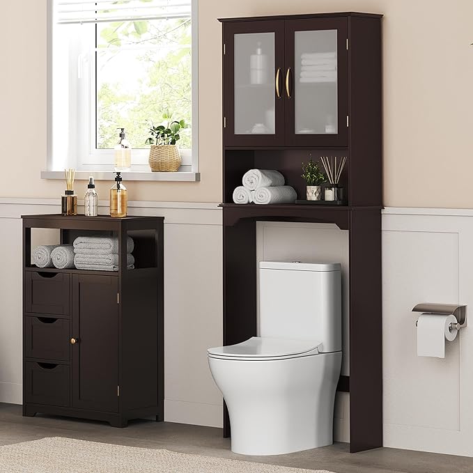 Yaheetech Over The Toilet Storage Cabinet, Free Standing Toilet Rack with Adjustable Shelves and Tempered Glass Doors for Bathroom Washroom, Espresso