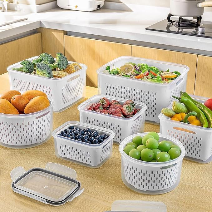 Freshmage Fruit Storage Containers for Fridge with Removable Colander, Airtight Food Storage Container, Dishwasher Safe Produce Saver for Refrigerator, Keep Berry Fruit Fresh Longer 10 pcs Large Clear