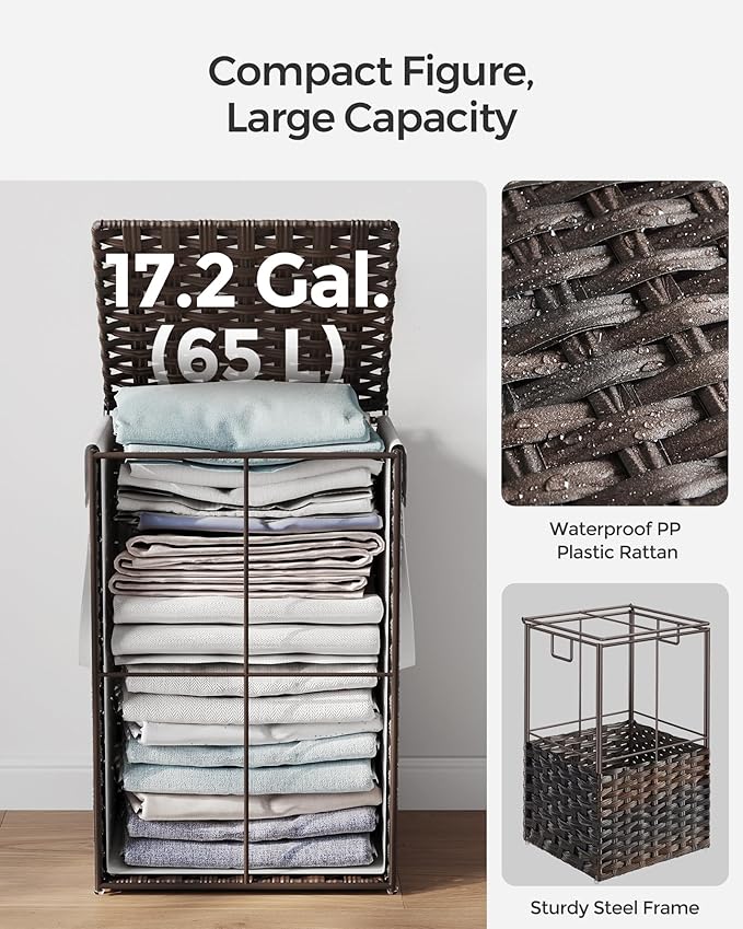 SONGMICS Laundry Hamper with Lid, 17.2 Gallon (65 L) Synthetic Rattan Clothes Laundry Basket with Lid and Handles, Foldable, Removable Liner, Chestnut Brown ULCB165K01