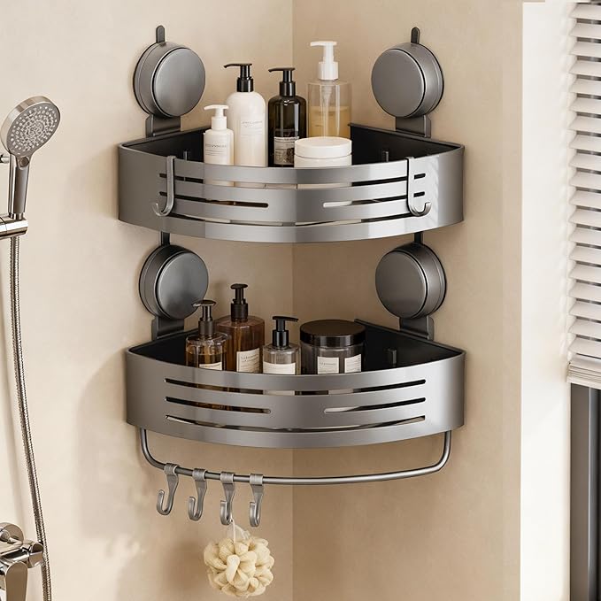 Corner Suction Cup Shower Caddy(2-Pack Gray),No-Drilling Aluminum Shower Shelf with Towel Bar & Hooks,Removable Bathroom and Kitchen Storage Organizer.
