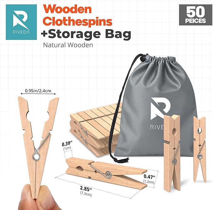 RIVEDA 50pcs Wooden Clothes Pins with Storage Bag, 2.9 Inch Natural Wood Clothespins, Strong Grip Laundry Clips for Clothesline, Hanging Clothes, Crafts & Home Use