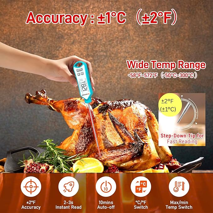MERCUREYE Meat Thermometer Digital, Instant Read Food Thermometer – Waterproof Nonslip Grip Kitchen Timer & Temp Chart Thermometer for Cooking Candy, Oil Fry Indoor & Outdoor Grilling Smoker Roast