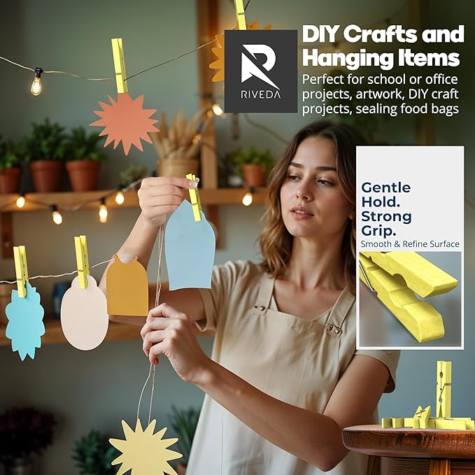 RIVEDA 50pcs Colored Wooden Clothes Pins, 2.9inch, Clothespins for Classroom, Clip Hanging Photos, DIY Clips for Crafts, Decorations (Yellow)