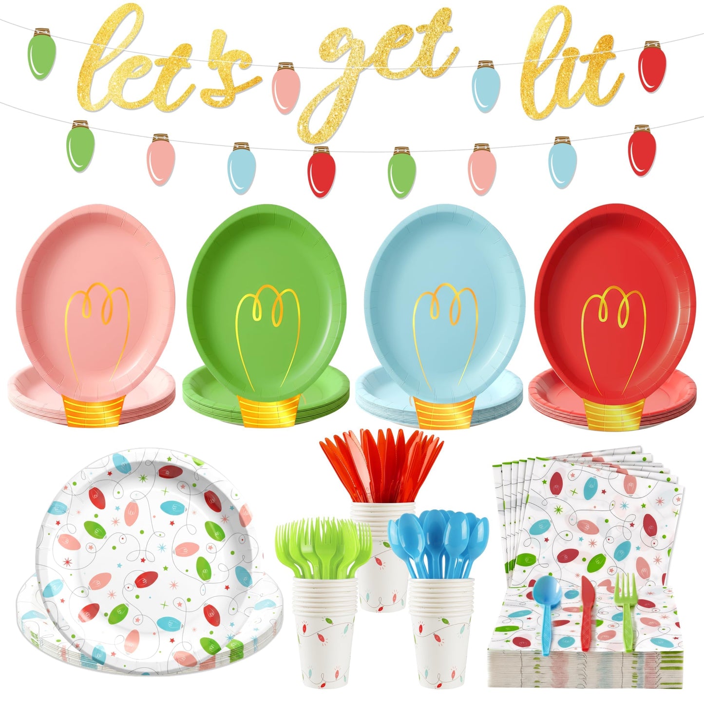 Christmas Plates and Napkins, Light Bulb Party Tableware Set, Serves 25