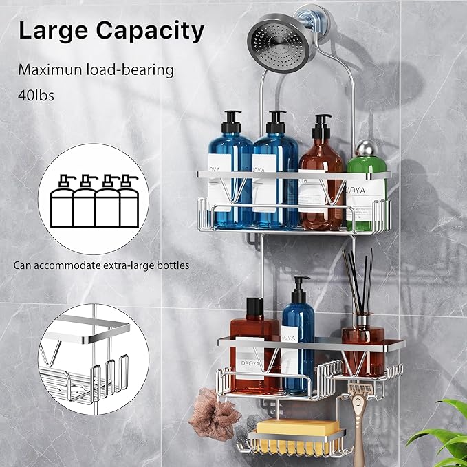 Shower Caddy Hanging - Over the Shower Head Caddy with 2 Baskets, Soap Holder & Razor Holder, Non-Slip Rubber Pads, U-Shaped Hooks and Adhesive Pads for Bathroom Organization - Silver