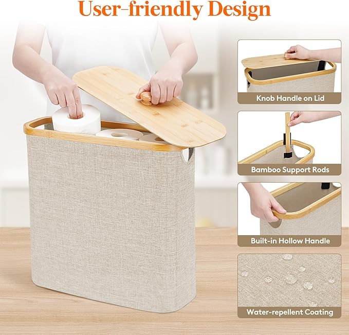 Lifewit Toilet Paper Storage Holder for 12 to 16 Rolls, Free Standing Toilet Paper Basket Stand with Bamboo Lid, Collapsible Fabric Bathroom Organizer Box for Mega Rolls, 30L, Extra Large, Beige
