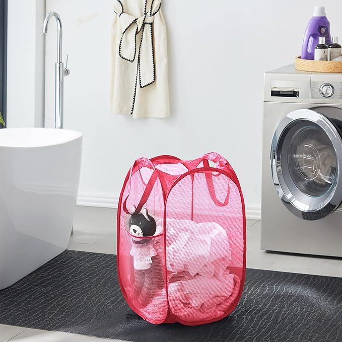 TECHMILLY Collapsible Mesh Pop Up Laundry Hamper with Sturdy Handles and Side Pocket - Portable Foldable Clothes Baskets for Dorm, Bathroom & Travel Storage (Pink, 2 Packs)