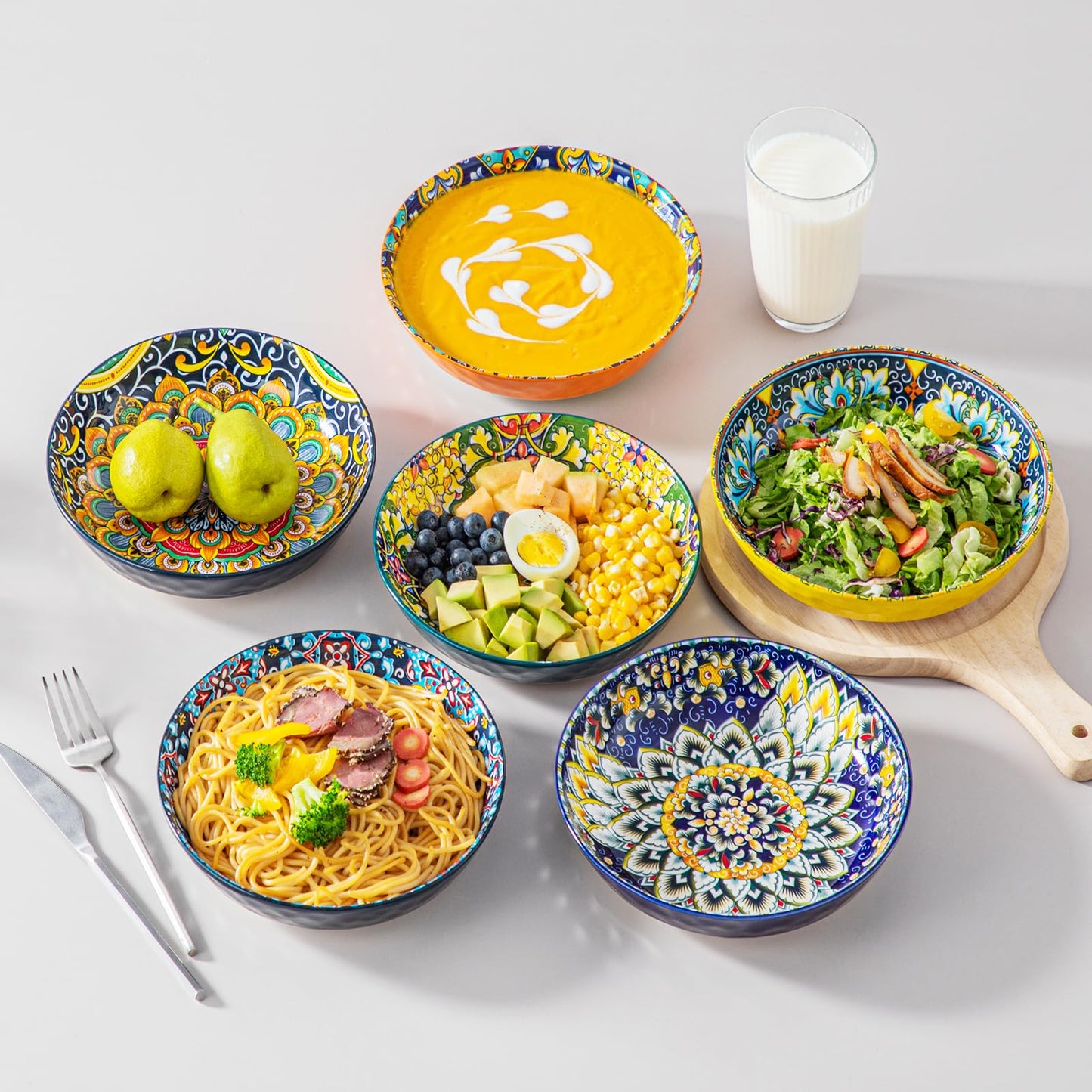 vancasso 32 Oz Pasta Bowls Set of 6, Ceramic Bohemian Soup Salad Bowls