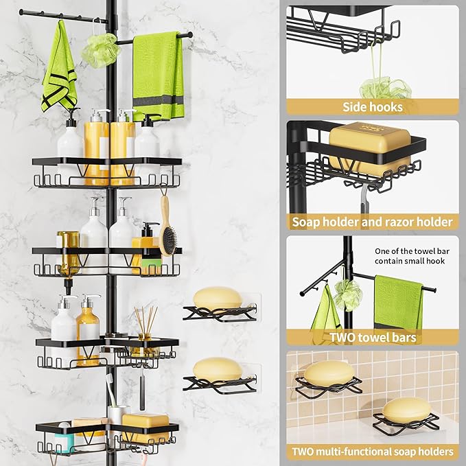 Shower Caddy Tension Pole, 4 Adjustable Corner Shower Caddy with 2 Towel Bars & 2 Soap Holders, Expands 25 to 114.2 Inches, Black Stainless Steel for bathroom/Tub/Corner