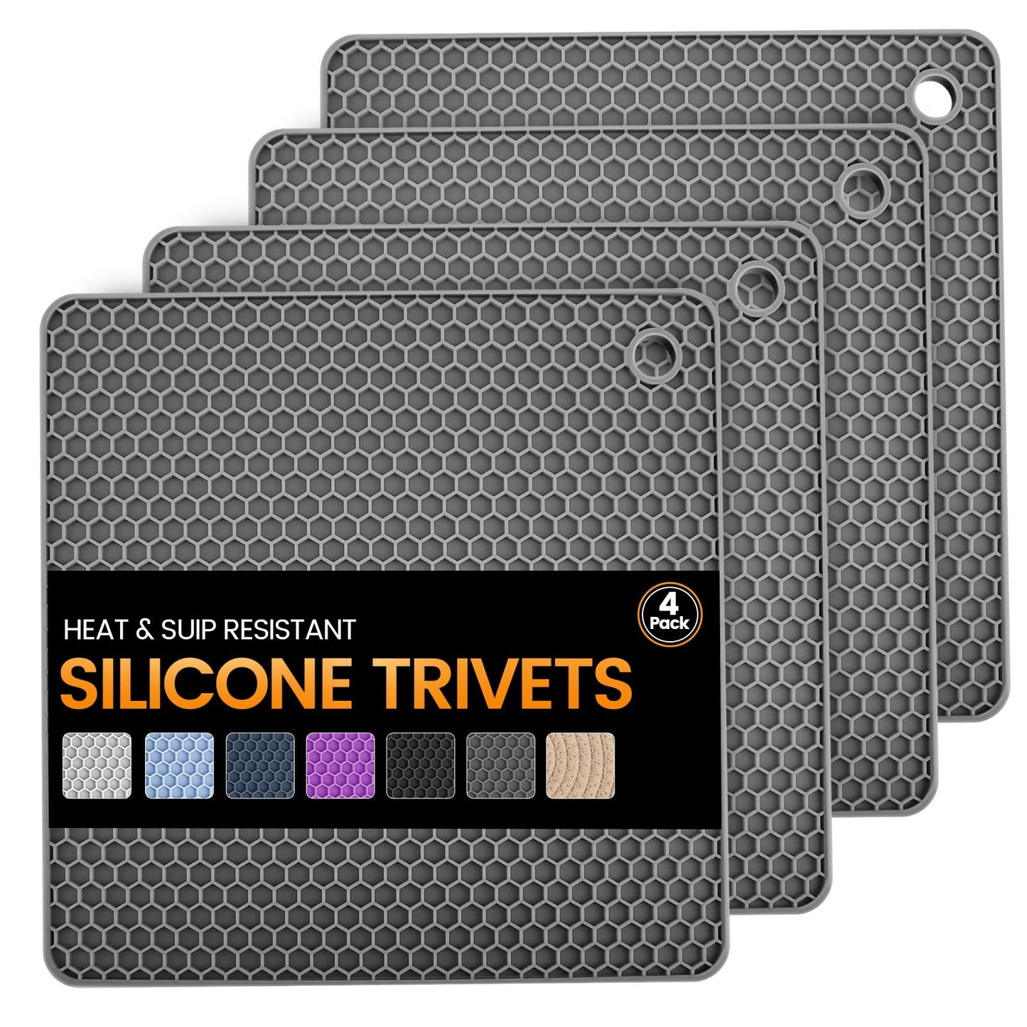 Silicone Trivet Mats 4 Heat Resistant Pot Holders Multipurpose Non-Slip Hot Pads for Kitchen Potholders, Drying mat, Jar Opener, Spoon Holder, Coaster.(Dark Black)
