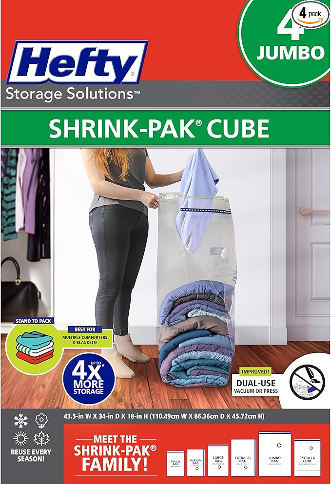Hefty Vacuum Bags for Clothes 4 Pack, Space Saving Large Vacuum Storage Bags (34 X 22 Inches) Compression Seal for Bedding, Travel Pump Included (4 Large Heavy Duty)