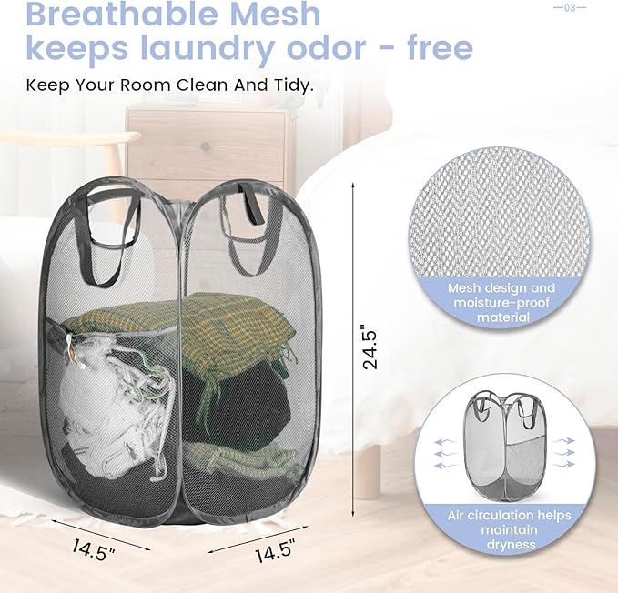 HOUSE AGAIN 2 Pcs Pop Up Laundry Hamper, Strong Mesh Laundry Baskets Collapsible, Hamper with Handles and Side Pocket, Portable Foldable Dirty Clothes for Dorm, Laundry room and Travel Storage, Grey