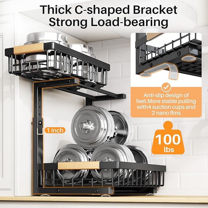 PXRACK Under Sink Organizer, Adjustable Height, 2-Pack 2 Tier Pull Out Under Cabinet Organizer, Slide Out Thickened Metal Under Sink Storage for Kitchen Bathroom Laundry Pantry Cabinet, S, Black