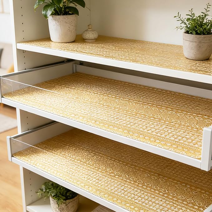 Drawer and Shelf Liner - Gold Geometric Lace Pattern,Non Adhesive Non Slip Waterproof Easy-Clean Shelf Liner for Kitchen Cabinet, Refrigerator, Bathroom, Pantry Storage Drawers, 17 in x 30 Ft