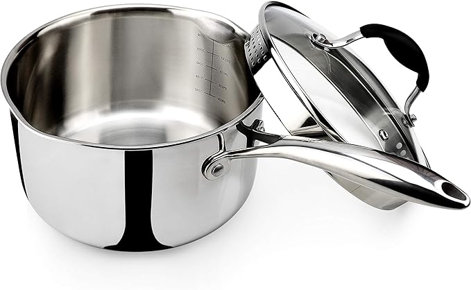 AVACRAFT Tri-Ply Stainless Steel Saucepan with Glass Strainer Lid, Two Side Spouts, Ergonomic Handle, Multipurpose Sauce Pan with Lid, Sauce Pot, Cooking Pot (Tri-Ply Full Body, 1.5 Quart)