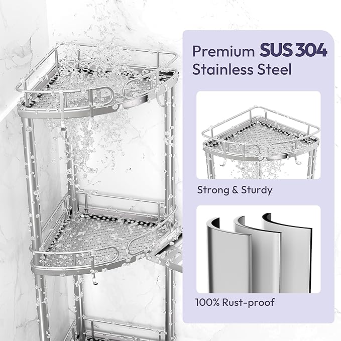 SWTYMIKI Corner Shower Caddy Standing - 3 Tier Rustproof Metal Shower Organizer Stand with Soap Holder and 4 Hooks, Freestanding Floor Shower Storage Stands for Bathroom, Silver