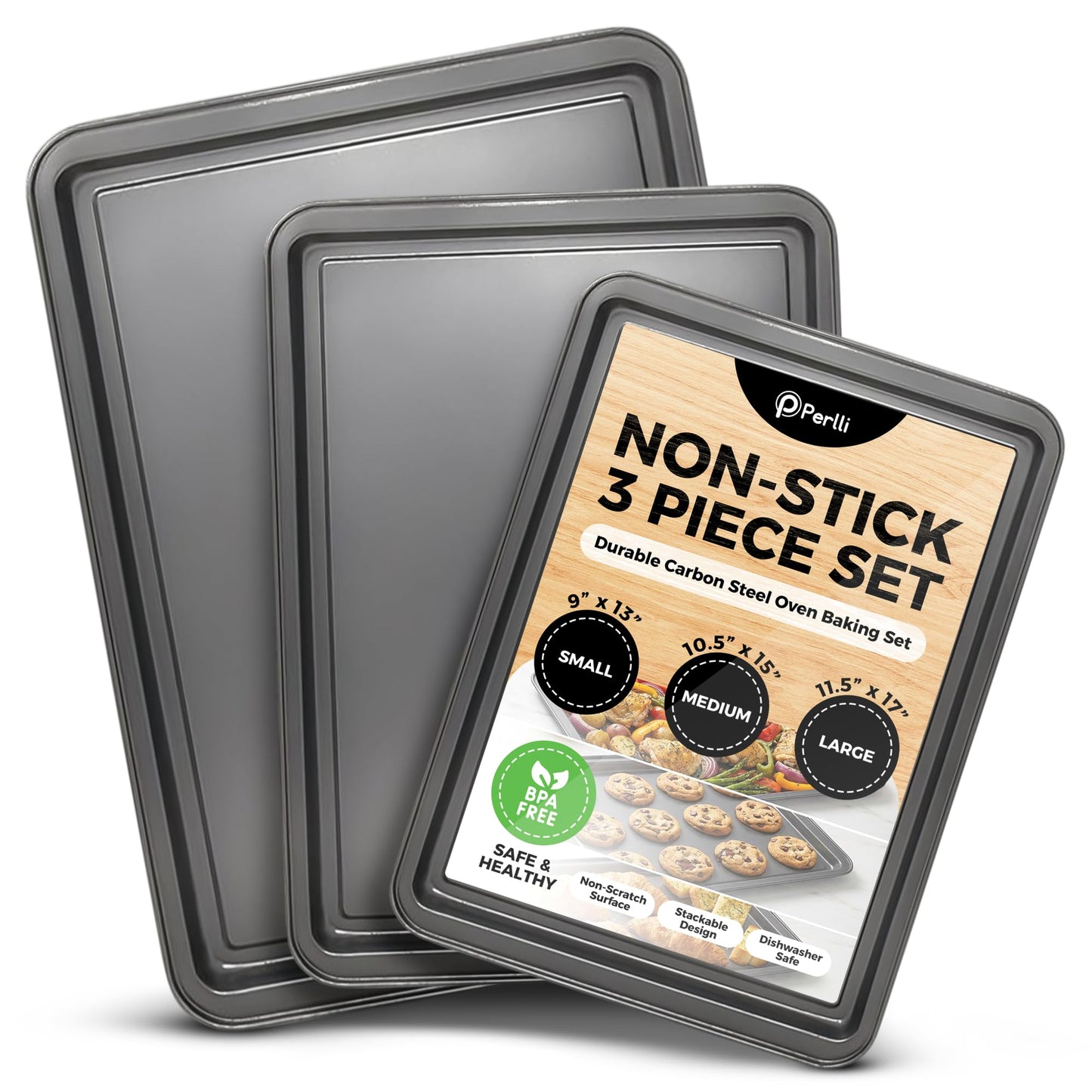 PERLLI Non-Stick 10-Piece Bakeware Set – Carbon Steel with Even Heat Distribution, Oven Safe to 446°F, BPA-Free, Dishwasher Safe, Stackable Baking Tools for Easy Storage and Everyday Cooking - Gray