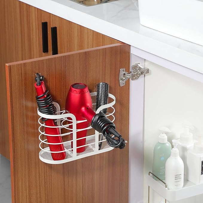 YIGII White Hair Dryer Holder - Adhesive Blow Dryer Holder/Hair Tool Organizer Bathroom Organizer Stick on Wall Mounted Multi-Functional Hair Dryer Rack for Wire Straightener, Shavers