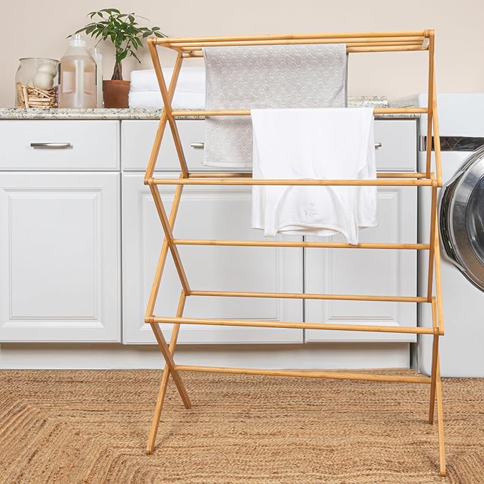 Household Essentials Bamboo Folding Clothes Drying Rack, Upscale Laundry Rack with 11 Dowels, Environmentally Friendly, Stable Frame, Shelf for Drying Flat