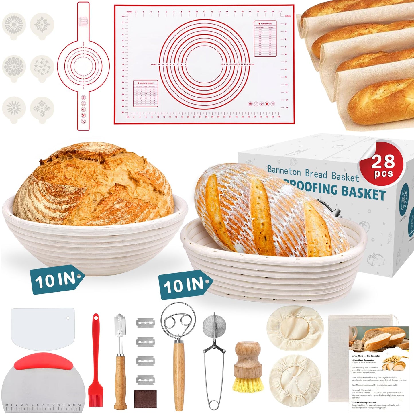 Aliggbent 28Pcs Sourdough Starter Kit, Rattan Banneton Proofing Baskets Set
