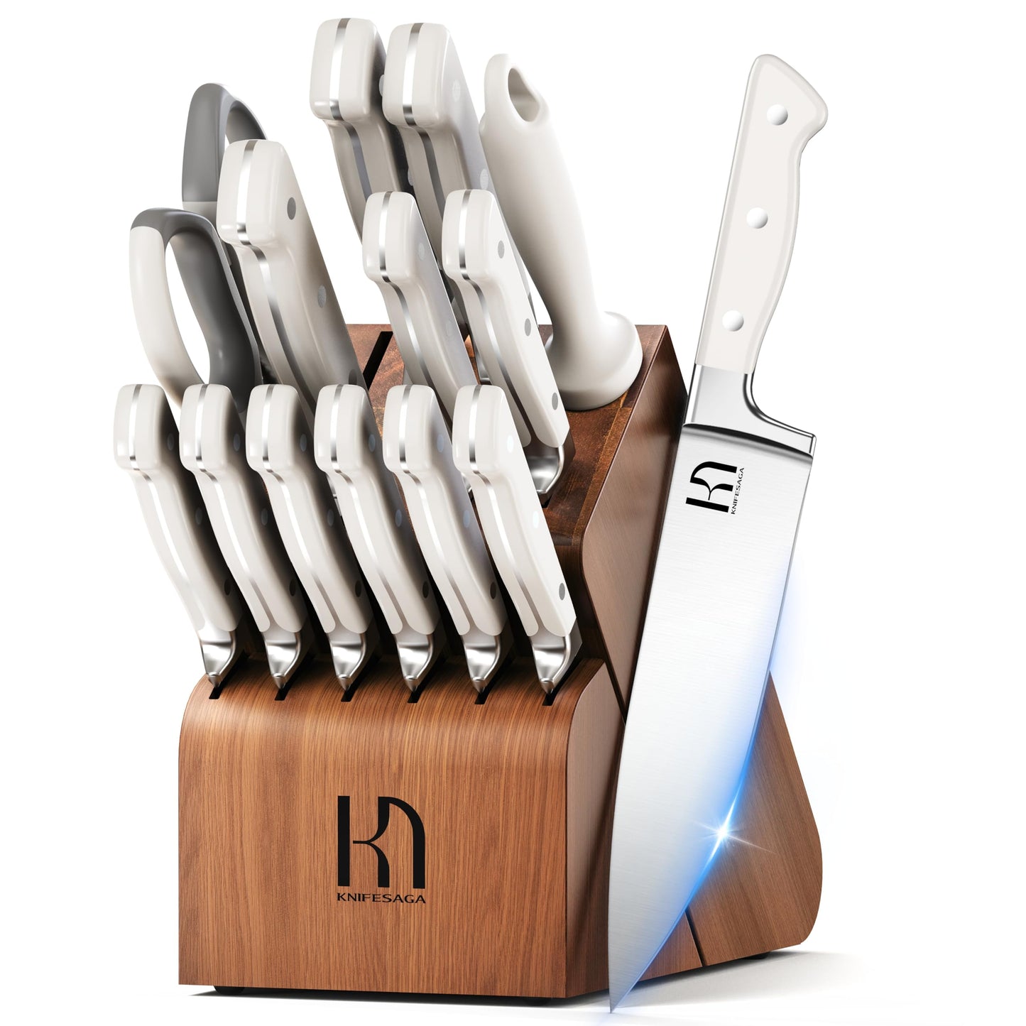 KnifeSaga 15-pc Japanese Kitchen Knife Block Set, Razor Sharp, Professional
