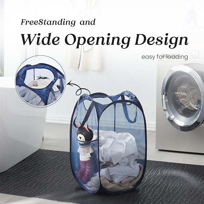 TECHMILLY Collapsible Mesh Pop Up Laundry Hamper with Sturdy Handles and Side Pocket - Portable Foldable Clothes Baskets for Dorm, Bathroom & Travel Storage (Blue, 2 Packs)