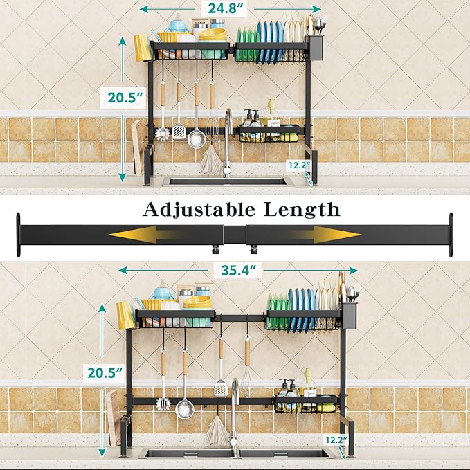 YKLSLH Over The Sink Dish Drying Rack 2 Tiers, for All Sinks (26.57"-35"),Expandable Large Capacity Sink Rack, Metal Drying Rack for Kitchen and Family Use