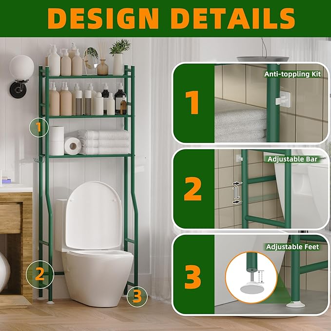 3-Tier Over The Toilet Storage, Space Saver Metal Bathroom Shelves, Freestanding Above Over Toilet Storage Shelf with 4 Hooks for Bathroom, Green