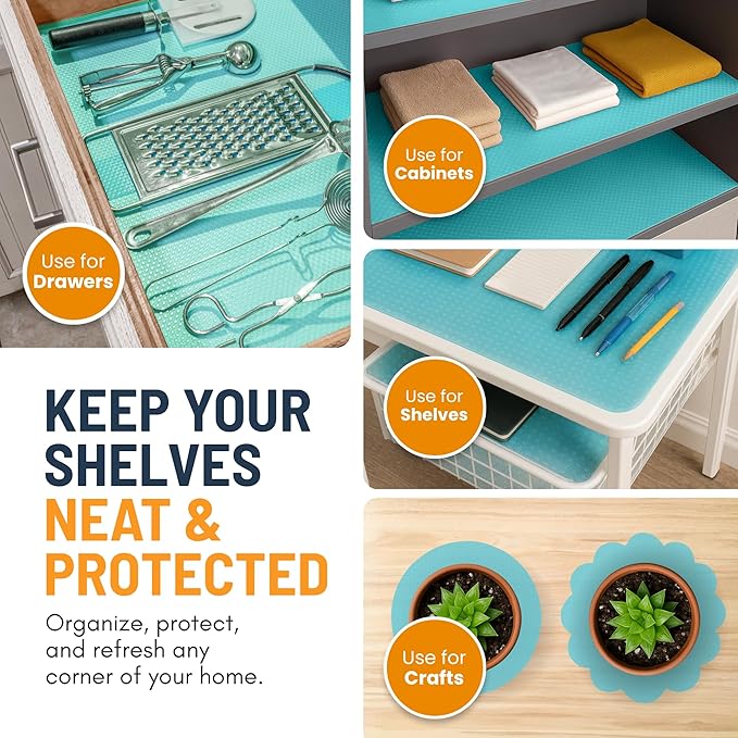 Refrigerator Liners for Shelves (8 Pack) by Linda’s Essentials - Non-Adhesive Shelf or Drawer Liner, BPA-Free Fridge Mats for Kitchen & Cabinets, Easy to Clean, Ideal Household Essentials (Blue)