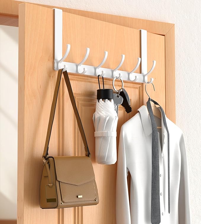Over The Door Hooks Hanger with Extended Arms, Fit 1 3/8" Door, Tool-Free Assembly, F7U, Towel Rack Organizer Holder - Glossy White