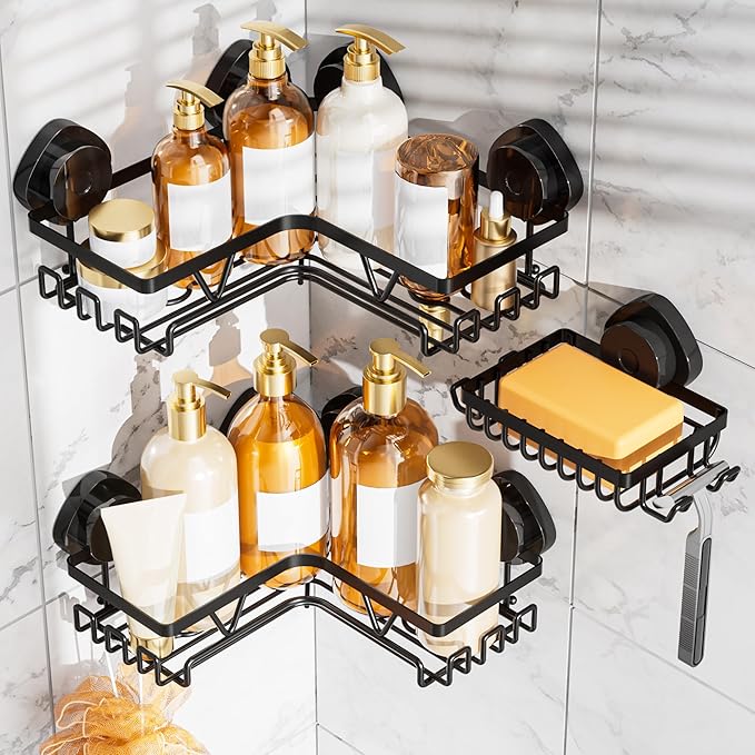 KEGII Corner Shower Caddy Suction Cup, Corner Shower Shelves with Soap Holder, No Drilling Suction Cup Bathroom Organizer with Hooks, Removable Bathroom Storage Rack, 3 Pack - Black