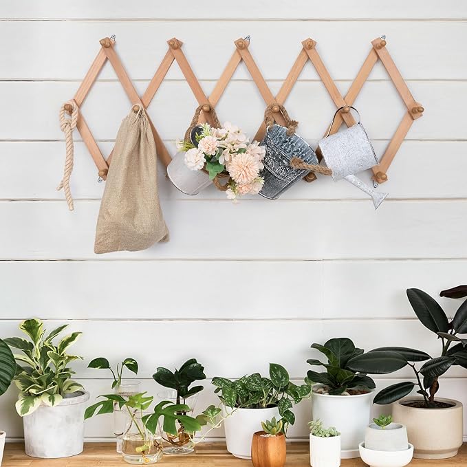 Wall Rack with 16 Hooks, Wooden Wall Expandable Coat Rack for Coat, Hats, Baseball Caps, Coffee Mug, Jewelry(Natural)