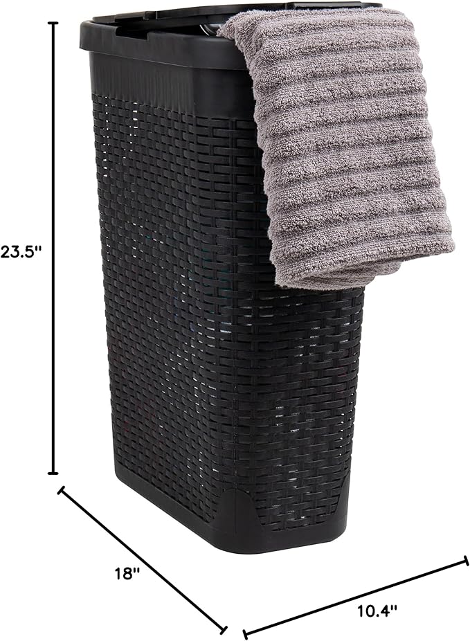Mind Reader Slim Laundry Hamper with Lid, 40L Clothes Basket, Premium Wicker Design, Plastic, Black