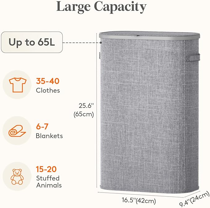 Lifewit 65L Slim Laundry Basket with Lid, Laundry Hamper with Plastic Handles and Removable Bag, Foldable Tall Dirty Clothes Hampers for Laundry for Laundry Room, Bedroom, Bathroom, Dorm, Light Gray