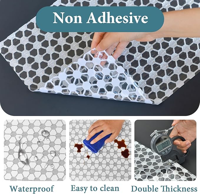Drawer and Shelf Liner for Kitchen Cabinet: 12 in X 20 Ft Non Slip Waterproof Shelf Paper Non Adhesive Refrigerator Liners Silver Square Easy Liners for Bathroom with Knife Tape Measure